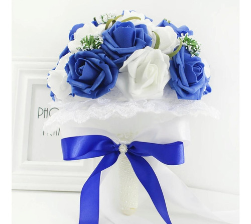 Ramo De Novia Rosas Azules C/blanco Artificial Con Brillos 