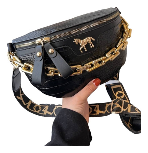 Bolso Negro Bandolera Riñonera Elegante Apliques Dorados 