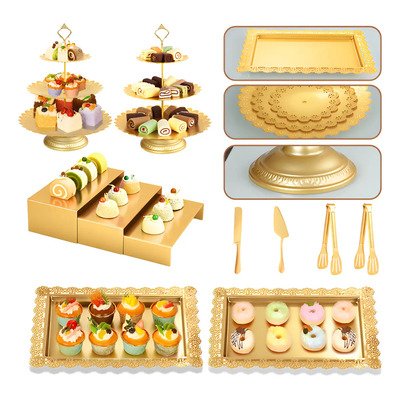 Set de 11 Exhibidores Metálicos Dorados con Pie para Postres y Pasteles de 3 Niveles | Envío gratis