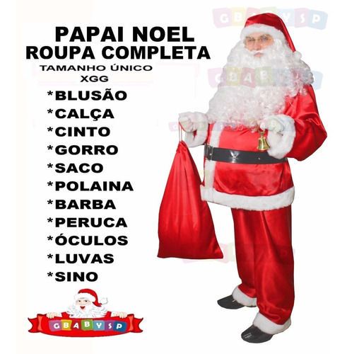 Roupa Papai Noel Exg  Barba + Peruca + Luvas + Sino + Óculos