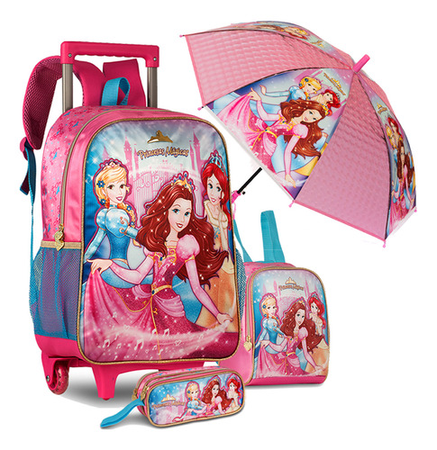 Kit Mochila Rodinhas Escolar Princesas Fofa Brilho Meninas