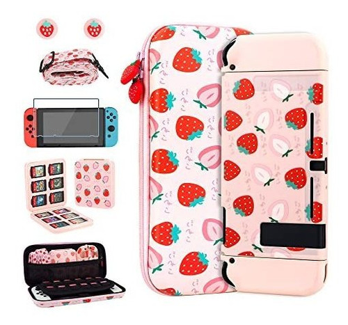 Kit Para Nintendo Switch Funda Fresas Rosa Caja Para Juegos