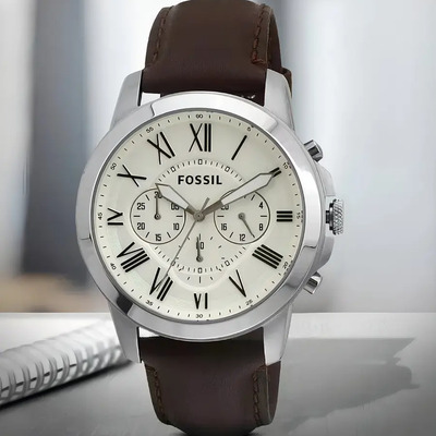Reloj Fossil Fs4735 Fossil Fs4735 Gossil Grant Men's Con Correa Marrón Bisel Plateado Fondo Blanco
