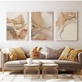 Trio De Quadros Decorativos Abstrato Dourado Luxo Com Vidro