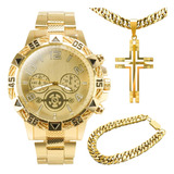 Relogio Masculino Aço Banhado Ouro + Crucifixo + Pulseira