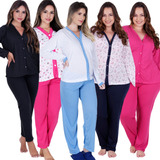 Kit Com 3 Pijama Longo Amamentação - Pós Cirurgia  Pós Parto