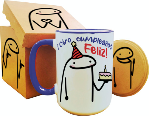 * Taza Grande 15 Oz Flork Deformito Caja Y Portatazas Madera