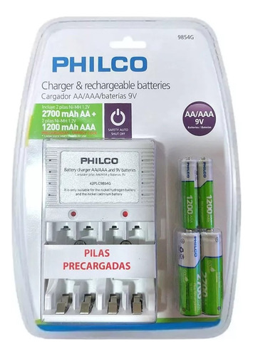 Cargador Pilas Philco + 2 Pilas Aa Y 2 Pilas Aaa Recargables