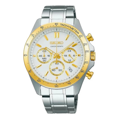 Seiko Sbtr024 Reloj Cronógrafo De Cuarzo Para Hombre Correa Plateado Bisel Dorado Fondo Blanco | Envío gratis