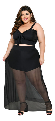 Conjunto Shorts Saia Tule + Cropped Laço Moda Plus Size