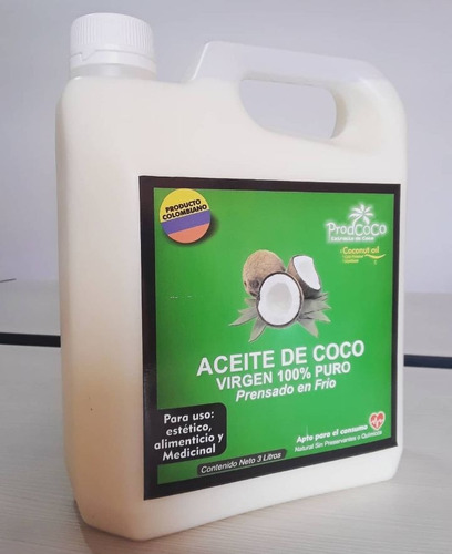 Aceite De Coco Extra Virgen Certificado  Galon 3 Litros