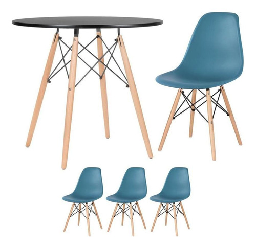 Kit Jantar Cozinha Eames Mesa 80 Cm 3 Cadeiras Eiffel Cores Cor Mesa Preto Com Cadeiras Turquesa