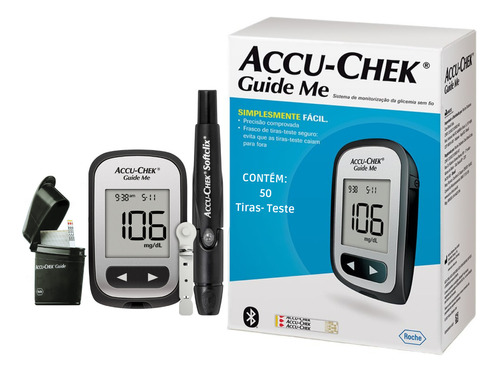 Kit Accu-chek Guide Me Medidor 50 Tiras + Lancetador + 10 La Cor Preto