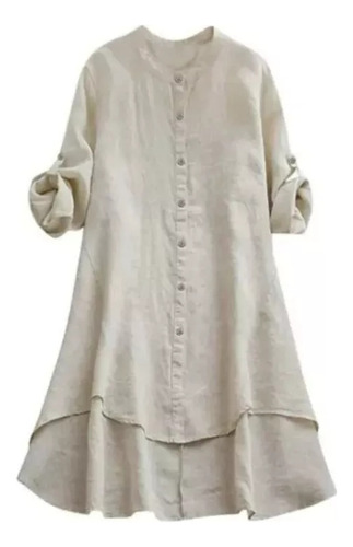 Camisa Casual De Lino Liso Para Mujer  Sólido Botón Algodón