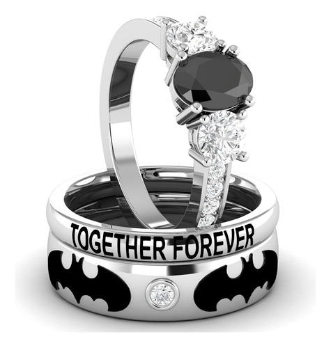 Trio Anillos Batman Elevated Plata .925 Pareja Amor Gótica