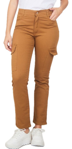 Pantalon Cargo Mujer Gabardina Recto Elastizado