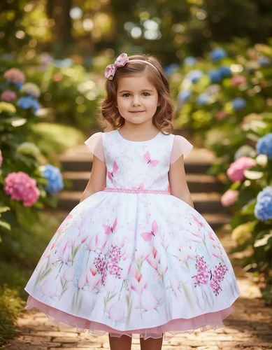 Vestido Infantil Floral Rosa Luxo Daminha Florista E Tiara