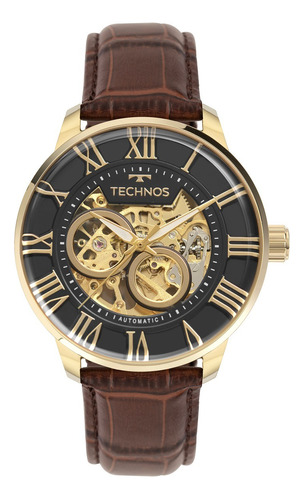 Relógio Technos Masculino Automático Esqueleto Dourado Couro