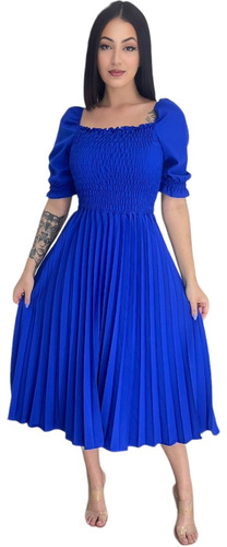 Vestido Midi Plissado Lisa Cintura Alta 