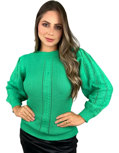 Blusa De Tricot Manga Longa Fofa Detalhe Trançado Na Frente