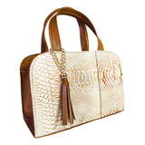 Bolsa Dama Tapas Piel Serpiente Cincelada Beige Camel 2 Asas