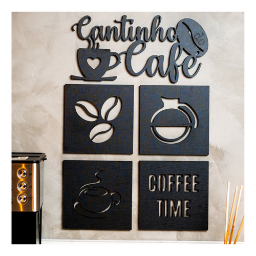 Cantinho Do Café Decoração Cozinha Placa Mdf Preto 5pçs