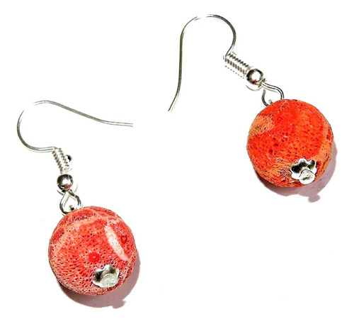 2 Aretes Natural Coral Rojo Espuma Bola 10 Mm 