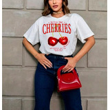 Camiseta Algodão Feminina Cherries T-shirt Cereja Tendência 