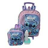 Mochila Escolar Lilo & Stitch Aloha Rodas Azul G + Lancheira