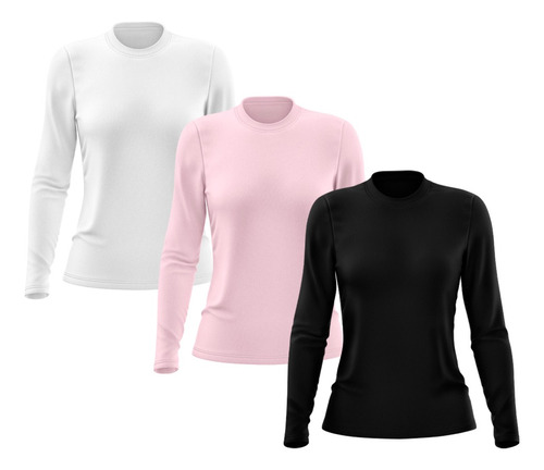 Kit 3 Camisetas Feminina Manga Longa Proteção Solar Uv 50