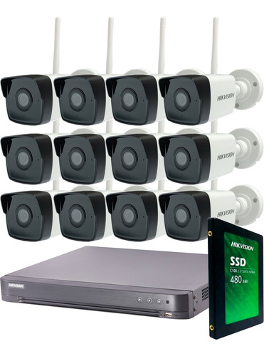 Kit Seguridad Hikvision Dvr 16 + 12 Camaras Wifi 2mp + Disco