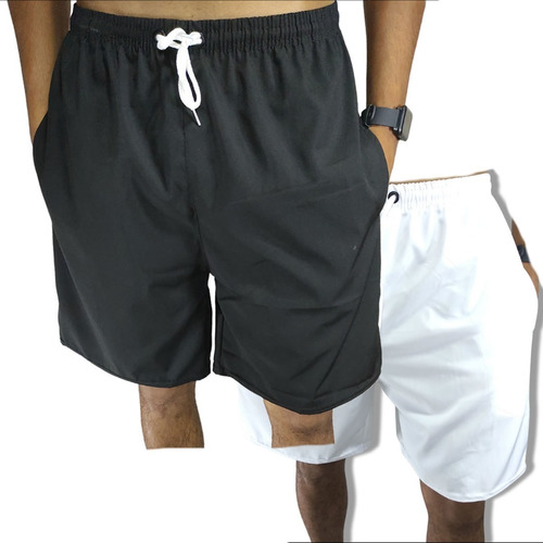 Short Praia Masculino Academia Esportes Liso Preto E Branco