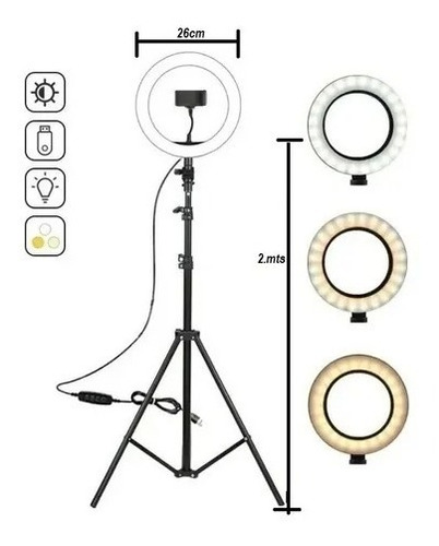 Aro De Luz 26 Cm Con Trípode Profesional 2 Metros De Altura
