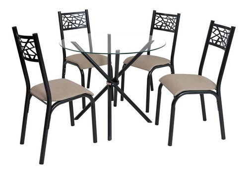 Conjunto Mesa Ciplafe Jade Slim 4 Cadeiras Tampo Vidro 0,90m Cor Preto Fosco Desenho Do Tecido Das Cadeiras Linho Bege