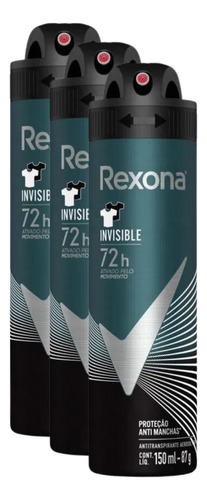 Kit 3 Desodorante Rexona Men Invisible 72h 150ml