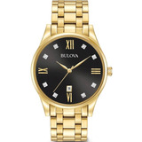 Reloj Bulova 97d108 Con Diamantes Para Hombre, Color De Correa Dorado Y Bisel, Color De Fondo Dorado, Color Plateado