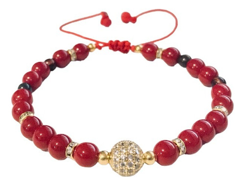 Pulsera Coral Rojo Con Piedras Ojo De Tigre. Ajustable