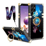 Funda Para Galaxy S22 Ultra Con Soporte Mariposa Azul Oscuro