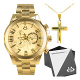 Relogio Masculino Dourado Aço Inox + Caixa Original Pesado