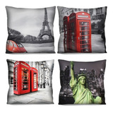 Kit 4 Capas De Almofada Nova York Londres Paris 50x50cm