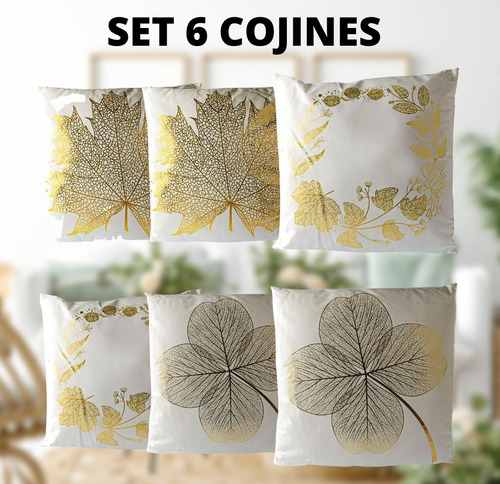 Set De 6 Cojín De Terciopelo Blanco Diseño Plantas Dorados