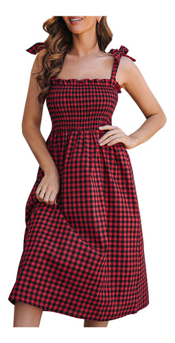 Vestido Midi Feminino Com Contraste Verão Xadrez Sling Ba