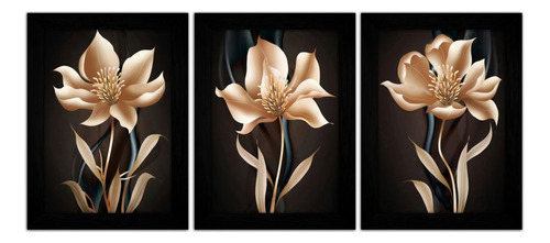 Trio Quadros Decorativos Pintura Flores Plantas Dourado Flor