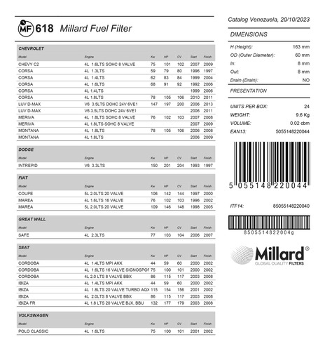 Filtro De Combustible Millard Mf-618 Aveo Corsa Luv-d Max Foto 4