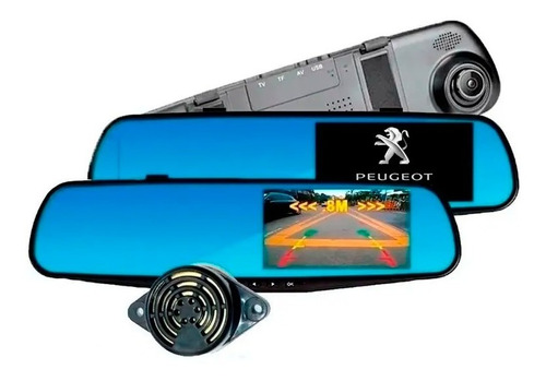 Espejo Retrovisor Dvr Sensor- Camara De Reversa Logo Peugeot