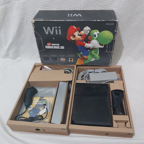 Nintendo Wii Black Bundle With New Super Mario Bros. Wii & Mario Music Cd Cib