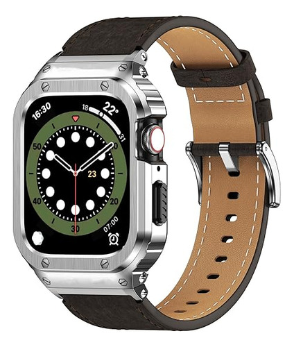 Malla Y Funda Cuero Cafe/plat. P/apple Watch 44/42mm 6/5/4/3