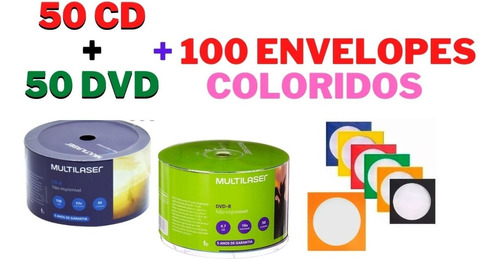  50 Midia Dvd Multilaser + 50 Cd  Multilaser + 100 Envelopes