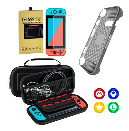 Case Nintendo Switch + Película Vidro + 4 Grips + Capa Tpu