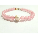 Hermosa Pulsera Cuarzo Rosa Y Perla Natural 